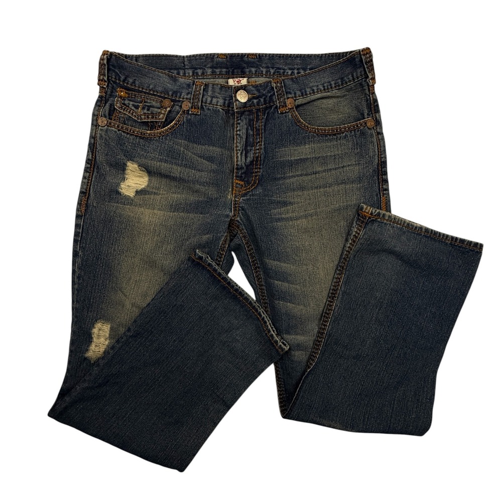True Religion Bobby Super T Jeans Mens 38 Blue Distressed Straight Leg Denim Y2K